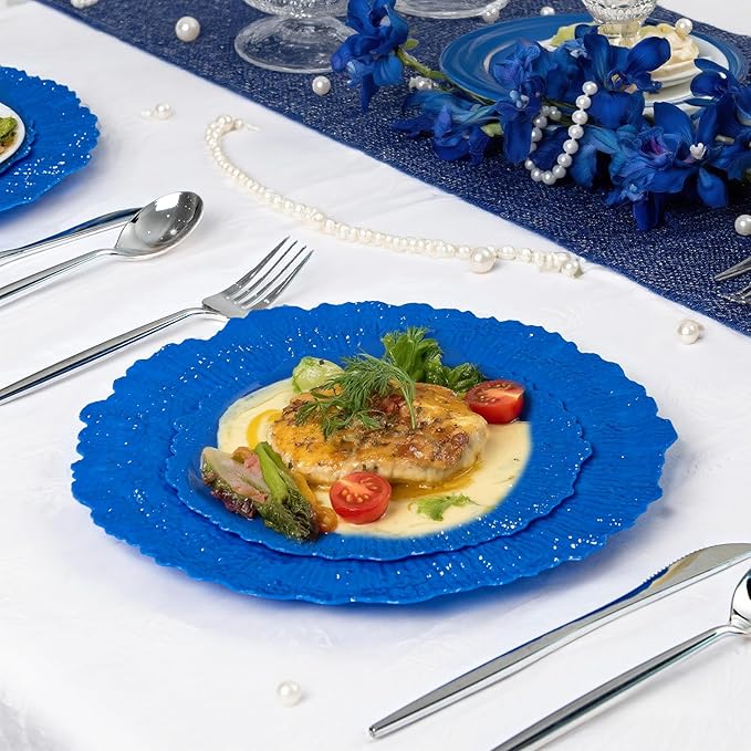 DaYammi 60Pcs Blue Plastic Plates - Sapphire Blue Plates Disposable & Reusable - Heavy Duty Plastic Plates for Party Including 30 Dinner Plate,30 Dessert Plate for Weddings,Dinner