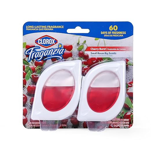 Clorox Fraganzia Small Rooms Air Freshener, Cherry Burst - Peel & Place, No-Plug, Battery-Free for Closets, Laundry Room, Entry Way, Bathroom, Locker, 0.25 Fl Oz Each, 2 Count
