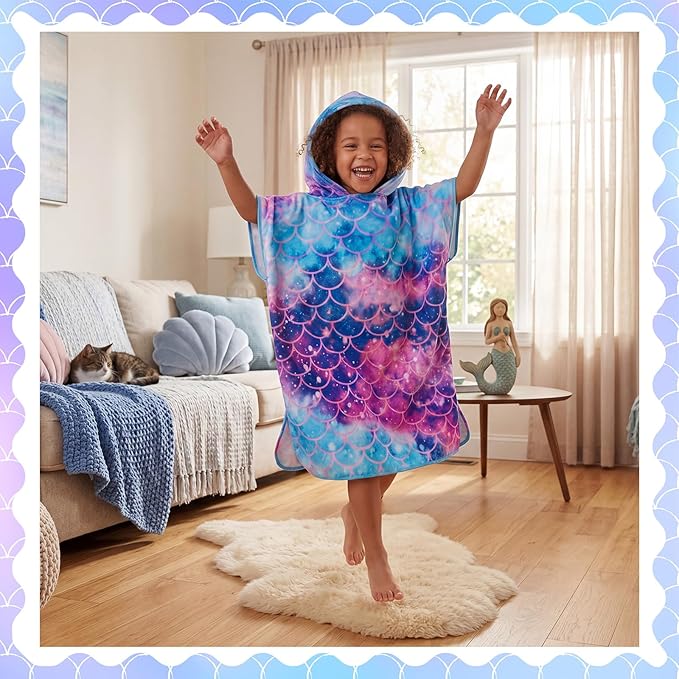 Fanfanwin Hooded Bath Towel for Girls Cotton Mermaid Bath Hooded Poncho 37.8x23.62 Inches Mermaid Poncho with Snap Buttons Hood Soft Rapid Dry for Home Swim Travel Beach Pool Under The Sea Party Gifts
