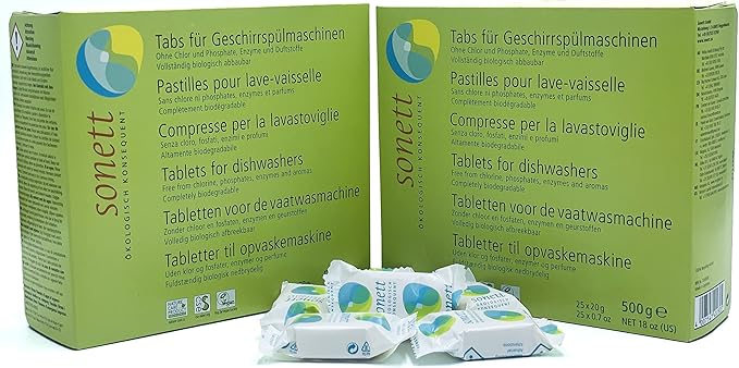 Sonett Organic Dishwasher Tablets 25 Count Deep Clean Dish Tab Fresh Scent 25 tablets x 0.67oz,18 fl.oz/ 500gr (5 Count)