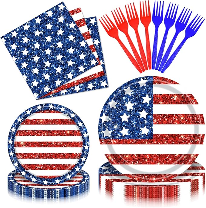 100 Pieces Patriotic 4th of July Tableware Set – American Flag Disposable Plates, Napkins and Forks, Glitter Stars and Stripes Party Supplies for Independence Day and Memorial Day Decorations