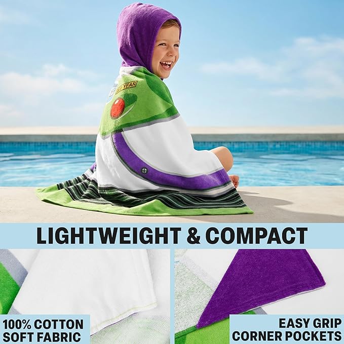 Disney Pixar Toy Story Bath Towels with Hood for Boys, Ages 2-6, Buzz Lightyear Soft and Absorbent Hooded Cotton Beach Towel Wrap, Swimming Pool Poncho, Gifts for Boys (Multi Buzz Lightyear)