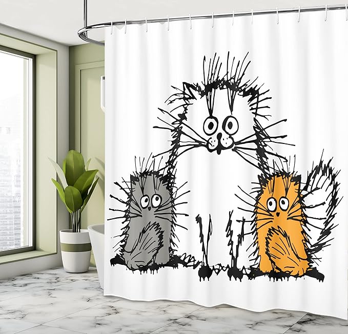 Ambesonne Sketchy Shower Curtain, Fluffy Cat Family with Mother Babies Feline Animal Humor Illustration, Cloth Fabric Bathroom Decor Set with Hooks, 69" W x 75" L, Orange White Grey