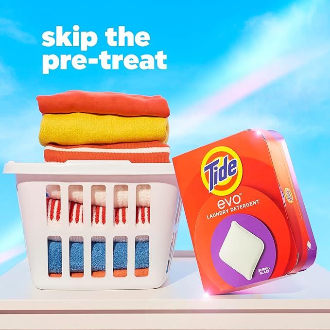 Tide evo Spring Blast Scent Laundry Detergent Fiber Tiles Works on 100% of Common Stains Safe for All Machines and Water Conditions Concentrated HE Compatible Clean and Instant Dissolve, 16 Count