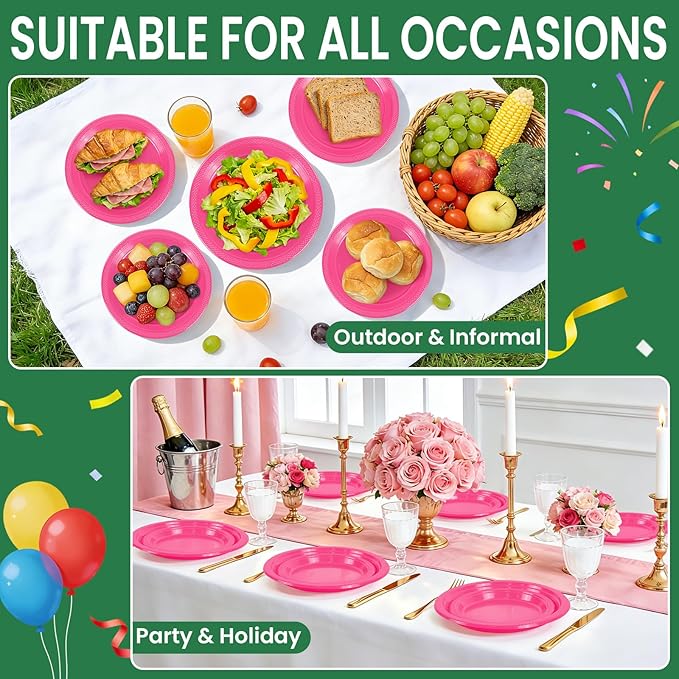 LANLISA 50 Pcs Hot Pink Plastic Plates For Party, 25-9" & 25-7" Disposable Cake Dessert Plates For Birthday, Valentines Day, Mothers Day Dinner