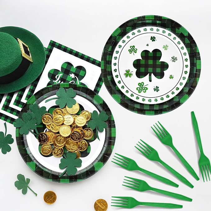 96 Pieces St. Patrick’s Day Tableware Set – Green and Black Plaid Shamrock Disposable Plates, Napkins, and Forks for Irish Party, Lucky Clover Celebration St. Paddy’s Day Dinner – Serves 24 Guests