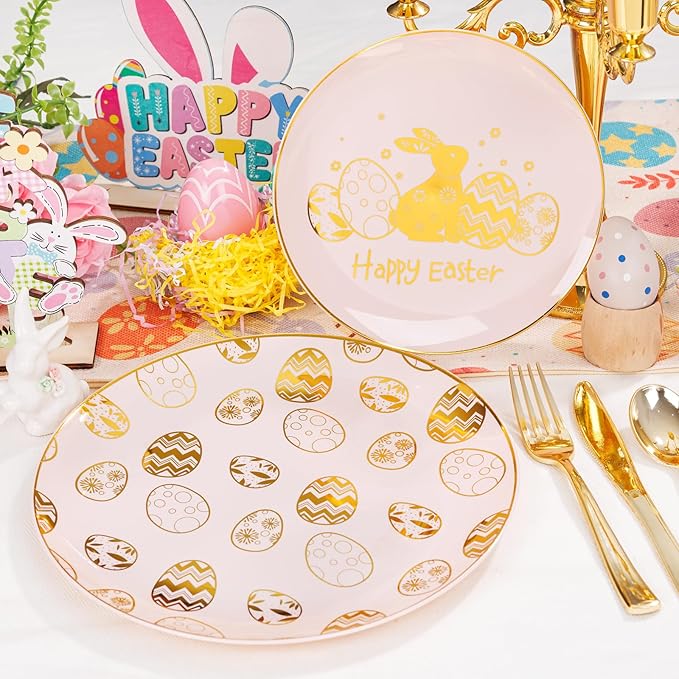 Liacere 150Pcs Easter Plates with Gold Bunny - Pink Plastic Dinnerware Includes 30 Egg and Rabbit 30 Dessert Plates, 30 Forks, 30 Spoons,30 Knives for Easter Party