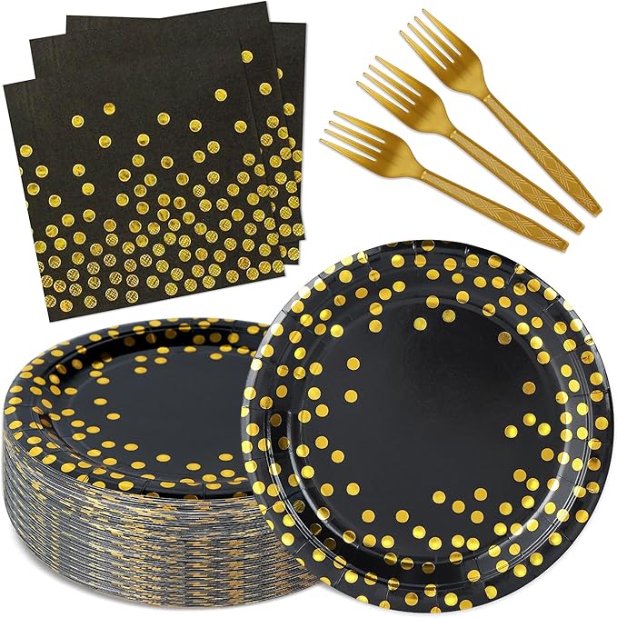 75PCS Black and Gold Paper Plates and Napkins Party Supplies,Serves 25 Guests Black Gold Plates and Napkins,Disposable Paper Tableware Set for Birthday Graduation Retirement Decorations
