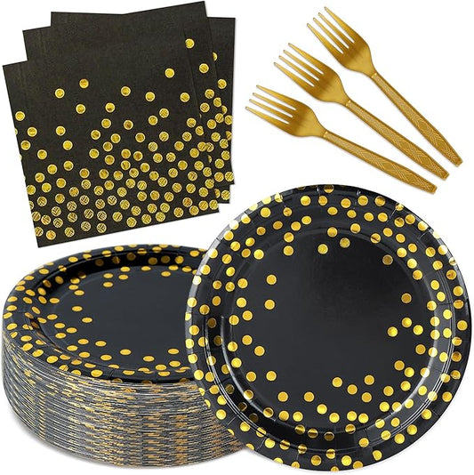 75PCS Black and Gold Paper Plates and Napkins Party Supplies,Serves 25 Guests Black Gold Plates and Napkins,Disposable Paper Tableware Set for Birthday Graduation Retirement Decorations