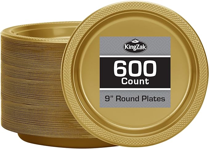 Hanna K. Signature Gold Plastic Plates 9 Inch - 600 count - Plastic Solid Round Party Plates For Weddings, BBQs, Birthday Plates - Disposable Gold Plates - Plastic Dinner Plates