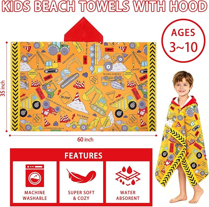 Hooded Towels for Kids - Superfine Fiber Excavator Toddler Hood Bath Towels Beach Hooded Poncho Absorbent Pool Toddler Swim Bath Wrap for Boys & Girls 3-10 Years Beach Essentials, 60*35 inches