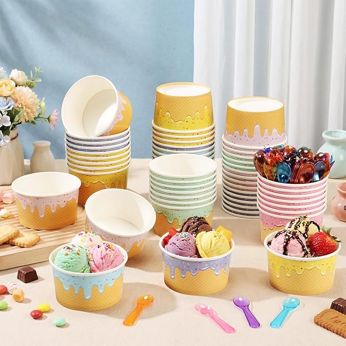 Jingmore 240 Set Paper Ice Cream Cups Bulk with Spoons 8 oz Disposable Sundae Bowls Colorful Paper Dessert Cups Containers for Snack Yogurt Soup Summer Bar Party Supplies