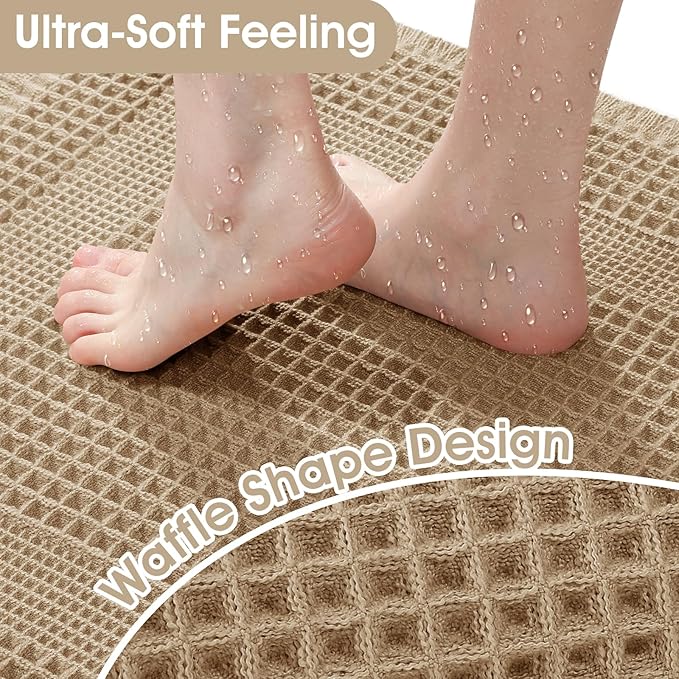 Upgraded Waffle Bath Mat, 32"x20" Beige-Looped, Super Absorbent Non-Slip Quick Dry Bathroom Rugs with Tassels, Machine Washable Ultra Soft Boho Bath Rugs for Floor, Toilet Mats Boho Farmhouse Decor