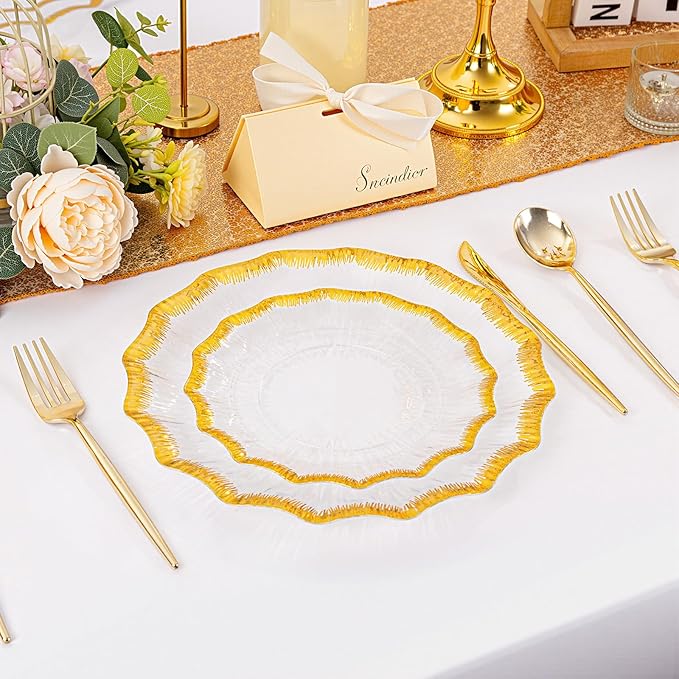 DaYammi 60Pcs Clear Plastic Plates with Gold Rimmed - Gold Disposable Plates Set Including 30pcs Dinner Plates,30pcs Dessert Plates with Radial Texture for Party & Wedding