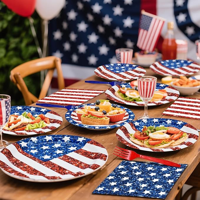 96 Pieces American Flag Patriotic Plates and Napkins Tableware Set - 4th of July Disposable Paper Plates, Napkins and Forks for Independence Day Memorial Day Veterans Day Party Decorations