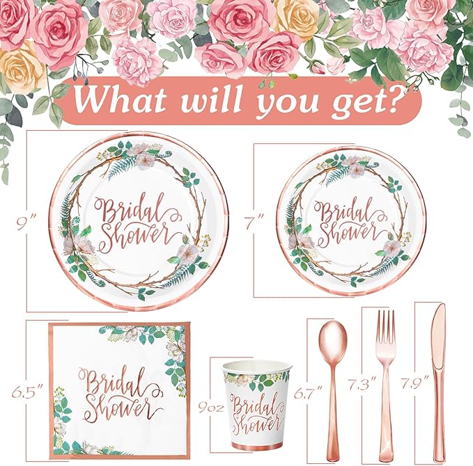 Rose Gold Bridal Shower Decorations, 168Pcs Bridal Shower Plates and Napkins Sets, Floral Paper Plates Serve 24, Love is In Bloom, Bride To Be, Wedding Shower, Bachelorette Party