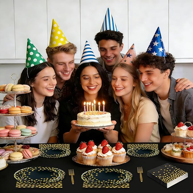 Black and Gold Paper Plates and Napkins Tablecloth Party Supplies,Serves 25 Guests Black Gold Plates and Napkins Tablecloth,Disposable Tableware Set for Birthday Graduation Retirement Decorations