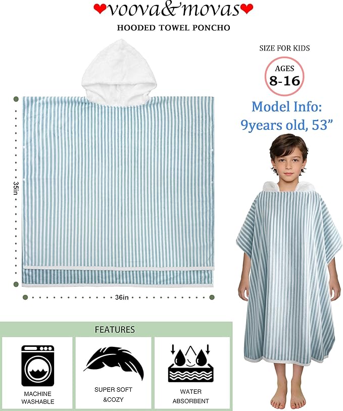 VOOVA & MOVAS Hooded Poncho Towel for Teens Unisex 100% Cotton Calm Gentle Beach Swim Bath Cover Up Teal White Stripe