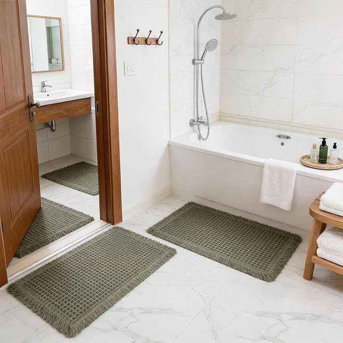 Waffle Bathroom Rugs, Non Slip Absorbent Waffle Knit Bath Mat for Shower Floor, Tub and Bathroom Door, Ultra Soft Quick Dry, Olive Green, 18"x30"