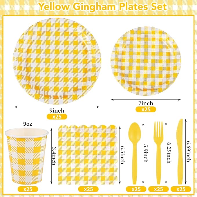 NatNarr 175 Pcs Gingham Party Supplies Include Yellow Gingham Plates and Napkins Cups Plastic Cutlery Disposable Yellow Checkered Plates Set for Golf Master Party, Picnic, Baby Shower