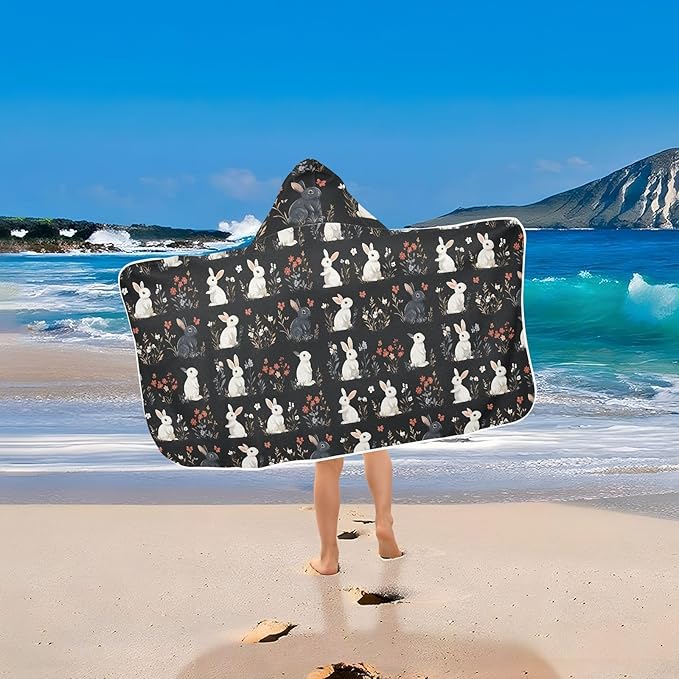 Beach Towel Cartoon Cute Bunny Black Hooded Beach Towel for Girl Boy Soft Kids Bath Towels with Hood
