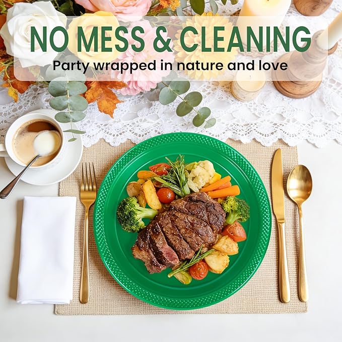 LANLISA 50 Pcs Green Plastic Plates For Party, 25-9" & 25-7" Disposable Cake Dessert Plates For Birthday, St Patricks Day, Christmas Dinner