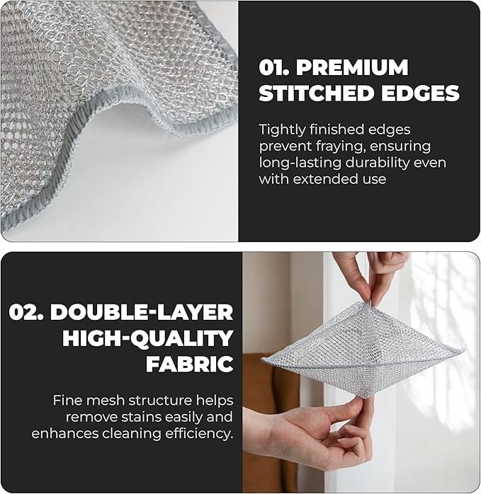 10PCS Steel Wool Dish Cloth 2-Layer – Reusable Metal Non-Scratch Multipurpose Dishwashing Rags for Wet & Dry Cleaning, Durable Diamond Weave Scrubber Pads for Kitchen Sinks Pots Pans Stove Top