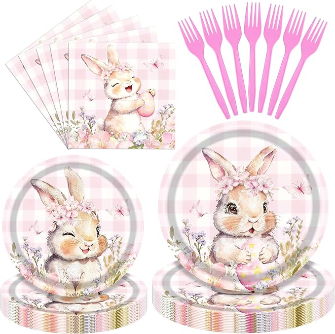 100 Pcs Easter Gingham Tableware Party Supplies - Disposable Pastel Plaid Bunny Dinnerware Set with Paper Plates and Napkins for Spring Parties,Easter Celebrations,and Holiday Gatherings - Serves 25