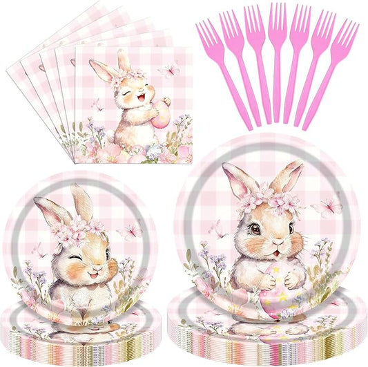 100 Pcs Easter Gingham Tableware Party Supplies - Disposable Pastel Plaid Bunny Dinnerware Set with Paper Plates and Napkins for Spring Parties,Easter Celebrations,and Holiday Gatherings - Serves 25