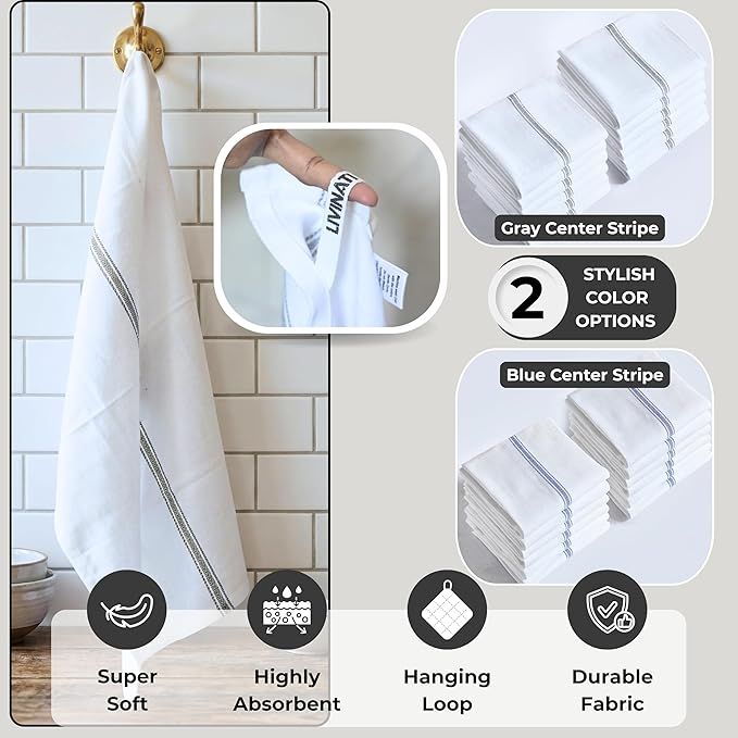Bulk Kitchen Towels Cotton for Chefs in Commercial Restaurants - 15"X25" - 12 Pack - White Linen Tea Dish Towels - Lint Free Soft Absorbent Center Gray Striped Herringbone Weave Towles