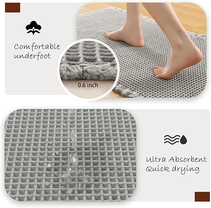 DWCN Grey Waffle Bathroom Mat, Boho Bath Rugs Super Absorbent Non Slip Bath Mats for Bathroom Floor, Ultra Soft Farmhouse Rubber Backed Shower Mats for Tub and Shower, 24 x 60 Inch