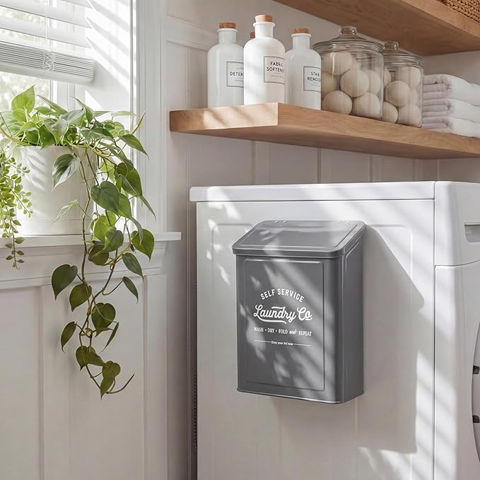 MONJITA Magnetic Lint Bin for Laundry Room, Wall Mounted Lint Trash can with lid for Dryer, Farmhouse Laundry Co Sign, Laundry Room Organization and Storage Decor with Dryer Lint Brush(Grey)