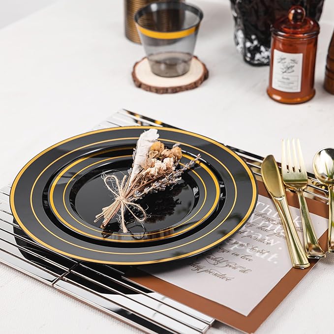 N9R 600PCS Black and Gold Plastic Dinnerware Set, Disposable Plastic Plates Includes 100 Dinner Plates, Dessert Plate, Cups, Spoons, Forks, Knives for 100 Guests, Perfect for Party, Wedding, Birthday