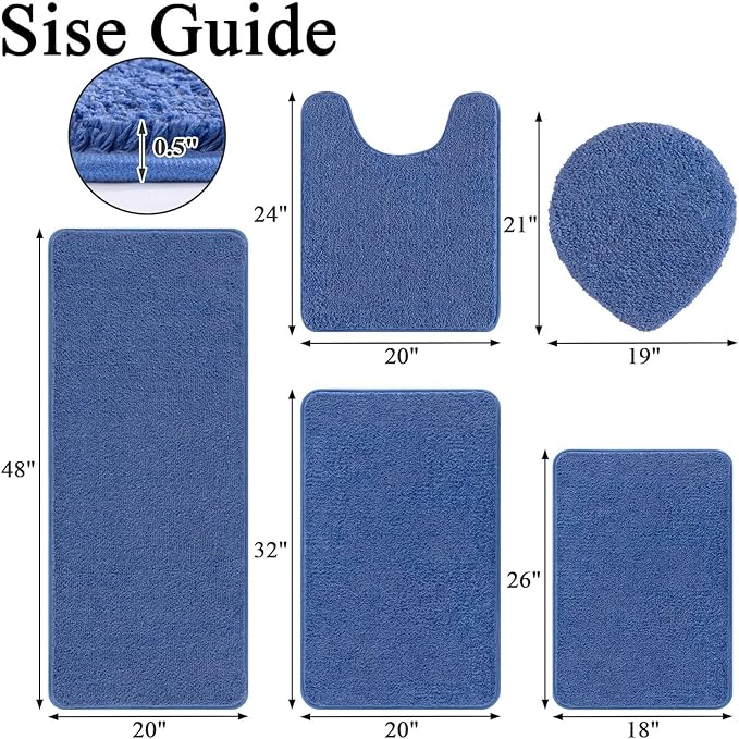 SHACOS 5 Pieces Bathroom Rugs Set with Toilet Lid Cover Ultra Soft Absorbent Microfiber Bath Mat U Shape Contour Rug for Bathroom, Non Slip Machine Washable Bath Runner Rugs for Bedroom, Kitchen, Blue
