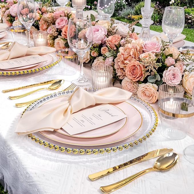 WDF 150Pcs Pink Plates Disposable - Pink and Gold Plastic Plates 25guest Disposable Dinnerware Include 25 Dinner Plate, 25 Dessert Plate, 25 Cutlery & 25 9oz Cups for Baby Shower/Wedding/Birthday