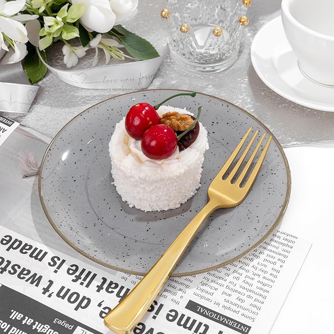 Liacere 32PCS Grey Plastic Plates - Grey Stone Plastic Disposable Tableware Plates Modern Dinnerware Set - Wedding & Warm Winter & Party