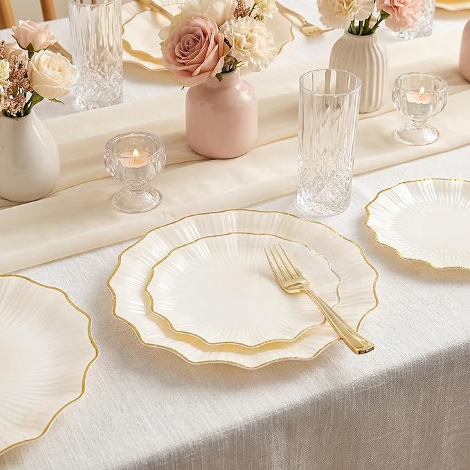 U-QE 150PCS Ivory and Gold Plastic Plates with Gold Disposable Silverware for 30 Guests, Vintage Ivory Plastic Plates Include 30 Dinner Plate,30 Dessert Plate,90 Cutlery for Bridal Shower, Party
