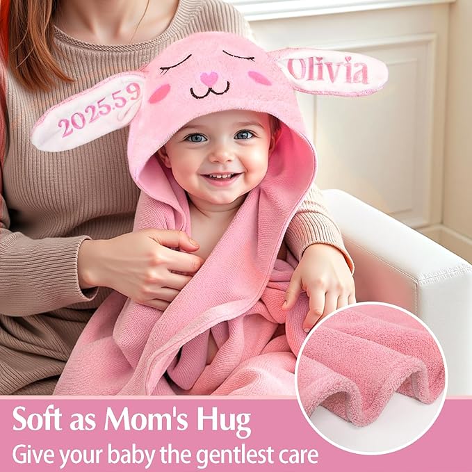 Baosity Custom Hooded Baby Towel with Name, Soft Absorbent Bunny Toddler Towel, Baby Bath Towels for Girls Boys, Personalized Easter Brithday for Baby, Toddler, Newborn Essential