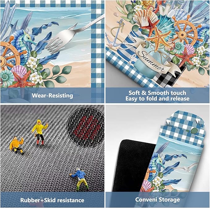 APROPHIC Summer Coastal Flower Bath Mat for Bathroom Decor, Ocean Seashell Buffalo Plaid Bathroom Rug Non-Slip Carpet, Absorbent Quick-Drying Floor Mat, Ultra-Thin Fit Under The Door,17x24 in, Blue