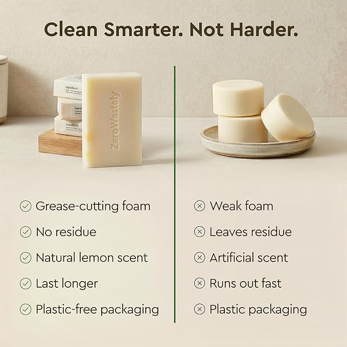 ZeroWastely Natural Dish Soap Bar - Value Pack of 3 Solid Soap Block 16oz - Lemon Scented, Long Lasting, Skin Friendly - Sustainably Made from 100% Organic Ingredients - Plastic Free Dish Soap