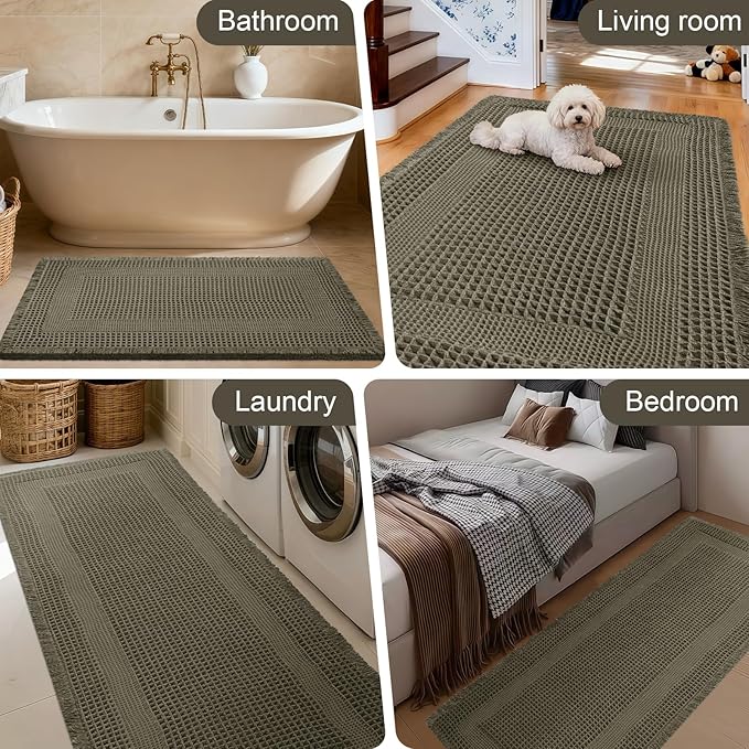 Upgraded Waffle Bath Mat, 36"x24" Greyish Green-Looped, Super Absorbent Non-Slip Quick Dry Bathroom Rugs with Tassels, Machine Washable Ultra Soft Boho Bath Rugs, Toilet Mats Boho Farmhouse Decor