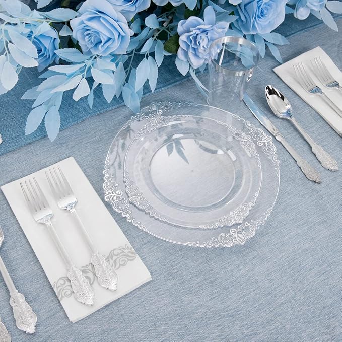 FLOWERCAT 175PCS Clear Silver Plastic Plates -Include 50 Plates, 25 Cups, 25 Forks, 25 Knives, 25 Spoons, 25Napkins for Wedding & Party&New Year