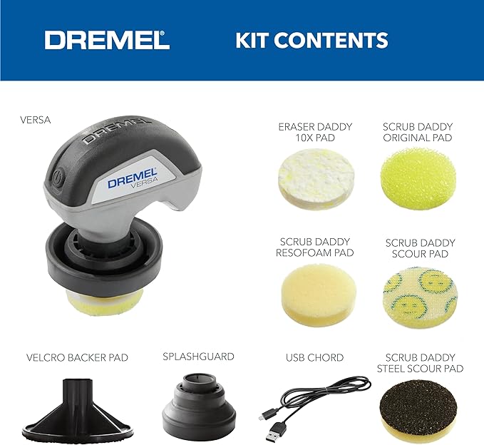 Dremel Versa Power Scrubber Kit with 5 Scrub Daddy Cleaning Sponge Pads - Waterproof Cordless Electric Spin Scrubber, High Speed, Multi-Surface Cleaning for Kitchen, Household, and Bathroom, PC10-07