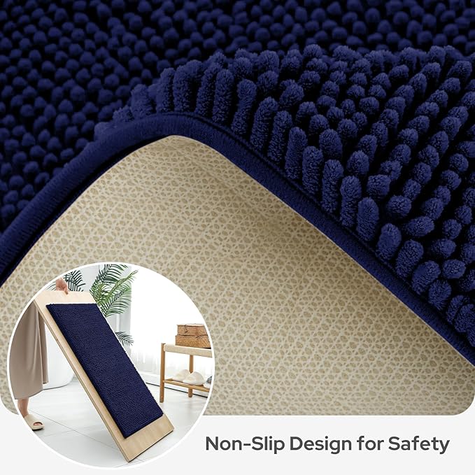 BYSURE Navy Blue Bathroom Rugs Sets 3 Piece Non Slip Extra Absorbent Plush Chenille Soft Washable Bath Mats