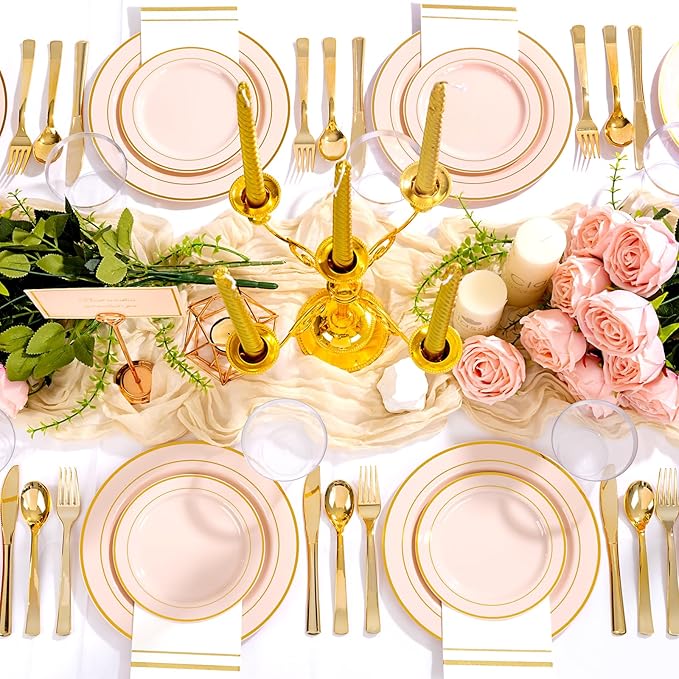 GATHER 700PCS Pink Plastic Plates - Gold Rim Disposable Plastic Dinnerware Set Include 200 Pink Plates, 300 Silverware, 100 Napkins, 100 Cups for Party & Wedding & Baby Shower