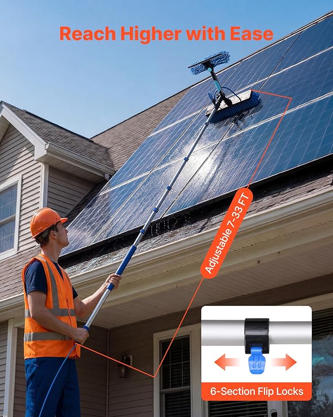 VEVOR Solar Panel Cleaning Kit, 33 ft, Water Fed Pole Kit with Cleaning Brush, Soap Dispenser, Extendable Aluminum Telescopic Pole, 180° Rotatable Brush Head, for Roof Mounted Solar Panels, Windows