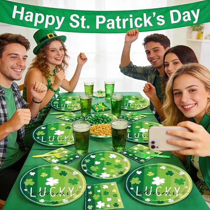 96 Pieces St. Patrick's Day Lucky Plates and Napkins Party Supplies, Vintage Green Shamrock Disposable Tableware with Paper Plates, Napkins, and Forks for Irish Festival Party Decorations - Serves 24