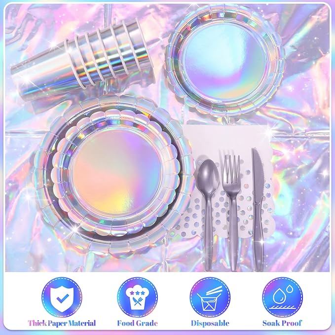 175 Pcs Iridescent Party Decorations Include 25 guest Scalloped Holographic Sliver Paper Plates and Napkins Set for Birthday, Bachelorette, Mermaid, Disco, Frozen