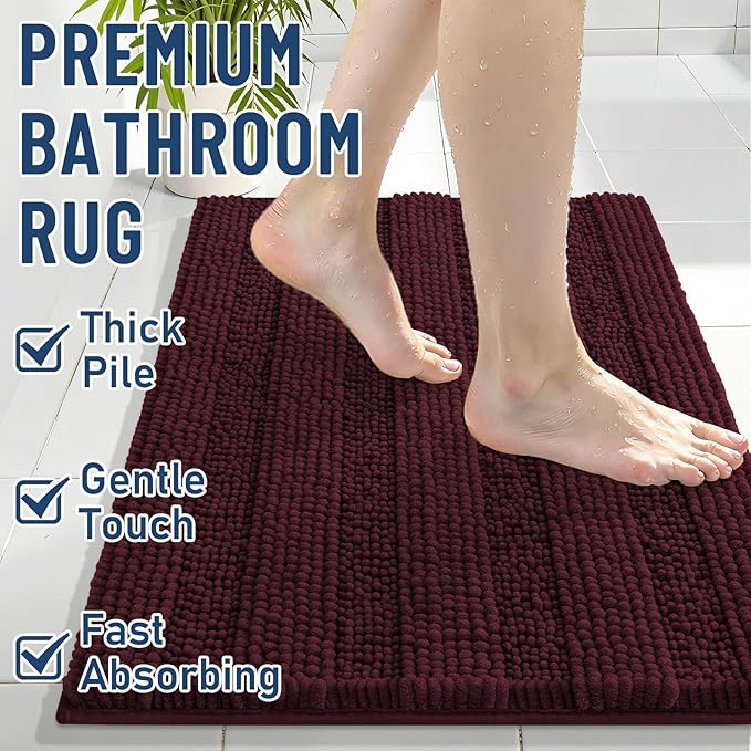 Grandaily Chenille Striped Bathroom Rugs 44x24, Extra Thick and Soft Absorbent Bath Mats, Rubber Backing, Plush Shaggy Shower Carpet, Machine Wash Dry, Bath Rug for Bathroom, Black Cherry