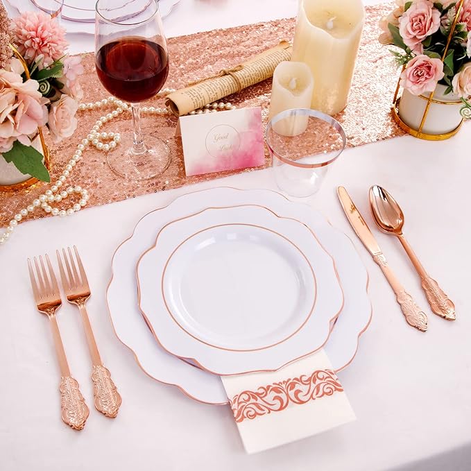 NOCCUR 175PCS Rose Gold Plastic Plates with Disposable Silverware - Include 25Dinner Plates, 25Dessert Plates, 25Forks, 25Knives, 25Spoons, 25Cups, 25Napkins for Party/Mother's Day